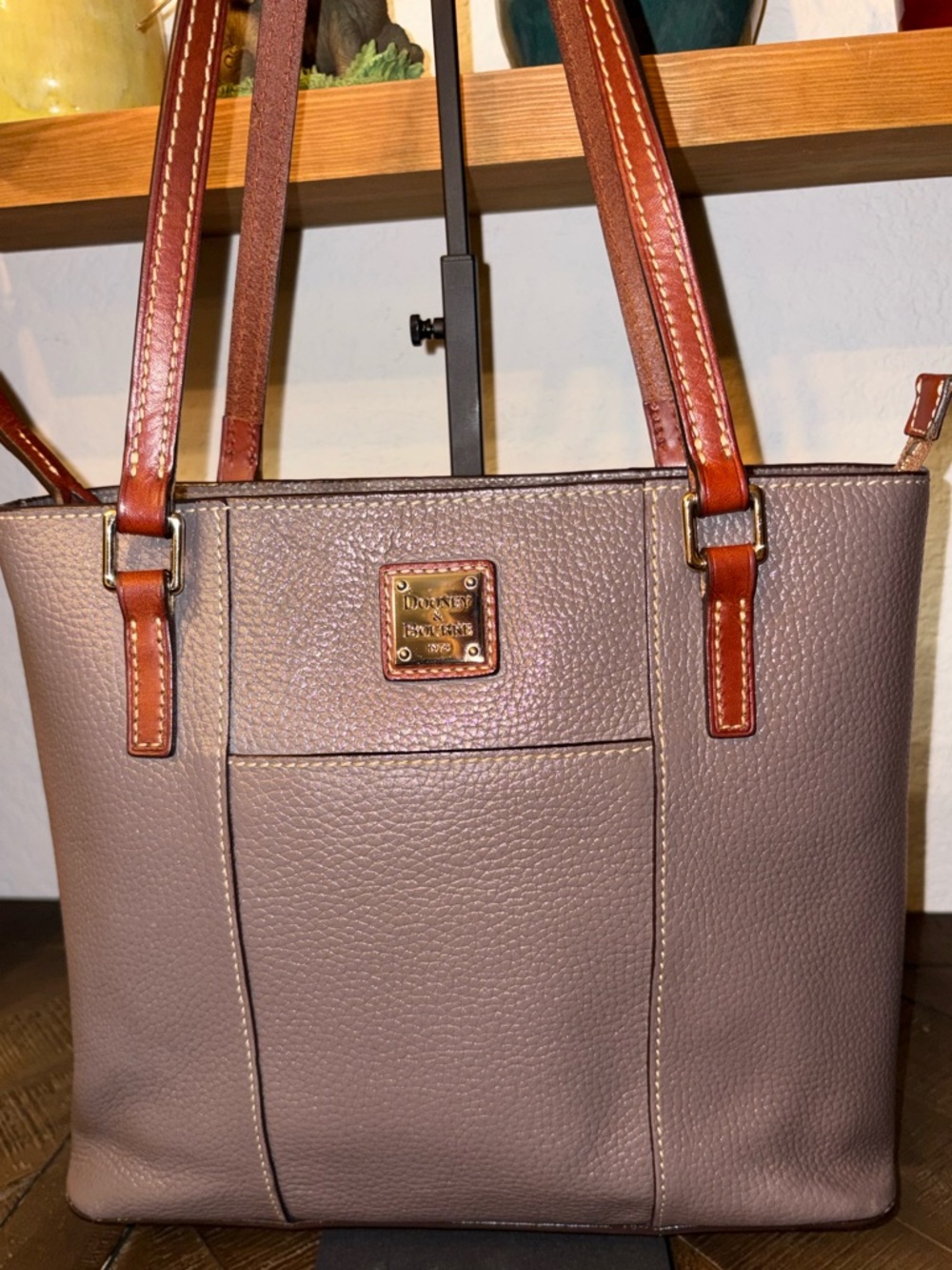 Dooney & Bourke Pebble Leather Tote Taupe Gray British Tan Trim Shoulder Bag - Picture 2 of 13